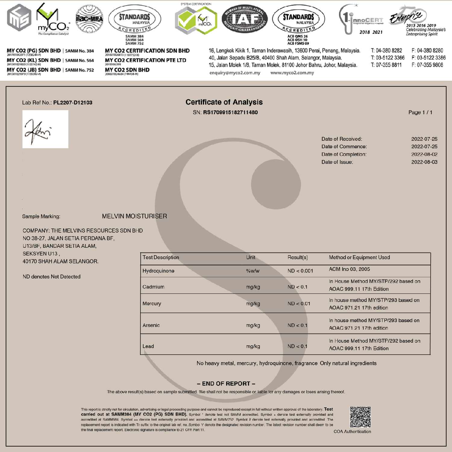 Glowrizer certificate of analysis lab test report